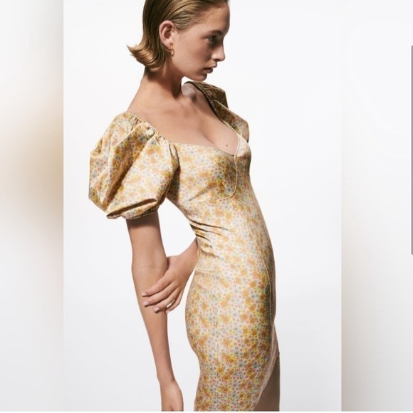 Zara Dresses & Skirts - NEW Zara Puff Sleeve Mini Satin Retro Floral Dress size Small